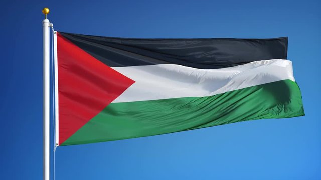Palestine flag waving in slow motion against blue sky, seamlessly looped, close up, isolated on alpha channel with black and white luminance matte, perfect for film, news, digital composition