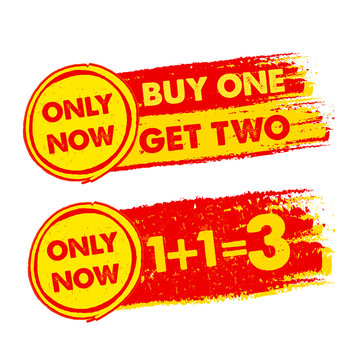 only now, buy one get two, 1 plus 1 is 3, drawn labels