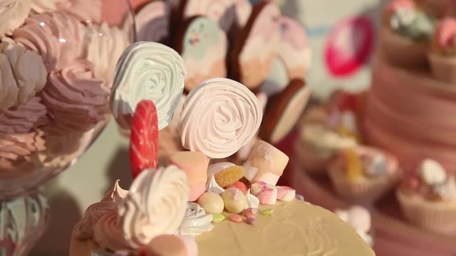 sweets cake cakes and marshmallows on the table