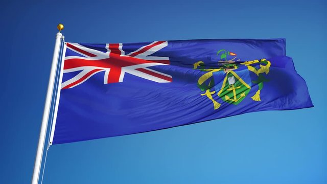 Pitcairn Islands flag waving in slow motion against blue sky, seamlessly looped, close up, isolated on alpha channel with black and white luminance matte, perfect for film, news, digital composition