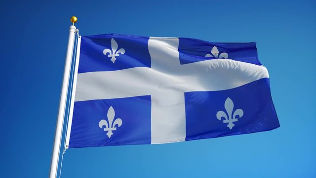 Quebec flag waving in slow motion against blue sky, seamlessly looped, close up, isolated on alpha channel with black and white luminance matte, perfect for film, news, digital composition
