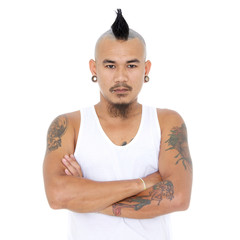 portrait of angry, mad asian punk guy with mohawk hair style, pi © flukesamed