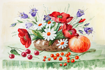 Obraz na płótnie Canvas rural still life, red poppies, bluebells, daisies, wildflowers, apples and berries. watercolor painting. Illustration