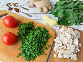 Cooking quinoa mushroom ginger gratin, organic food with weed