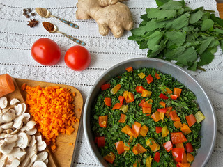 Cooking quinoa mushroom ginger gratin, organic food with weed