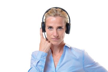 Gorgeous blond woman with telephone headset
