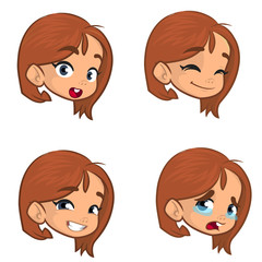 Teenage girl making four different face expressions set. Girl face expressions, vector illustration