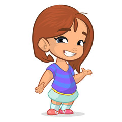 Vector illustration of a happy little girl presenting with her hand. Cute girl in a shirt skirt