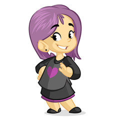 Cute little girl with violet hair dressed in black standing and smiling. Vector cartoon kid character