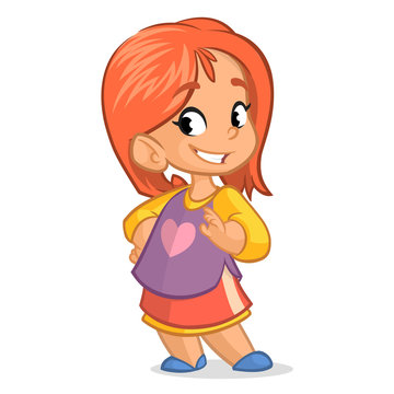 Cute little girl with red hair; vector   cartoon style character in a shirt skirt