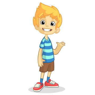 Cute blonde boy waving and smiling. Vector cartoon  illustration of a teenager in a striped blue t-shirt presenting