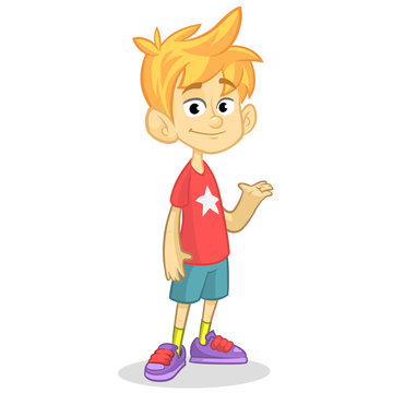 Cute blonde boy waving and smiling. Vector cartoon  illustration of a teenager in red t-shirt presenting