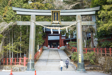 Traditional Torii gate at the entrance of Taiyuin-byo Temple