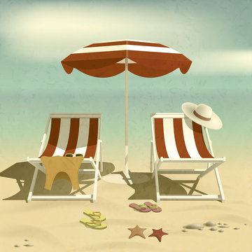 Summer. Recliners and Beach umbrella. Beach sand. Summer rest. Vector Illustration
