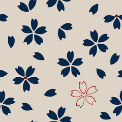 Seamless traditional Japanese sakura pattern, cherry blossom, navy blue and red on ecru background. Ethnic textile design. - 113757997