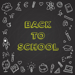 Fototapeta na wymiar Vector back to school illustration. Chalkboard poster with doodle icons