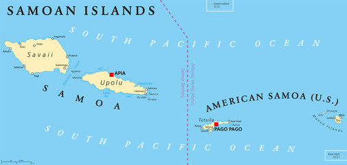 Samoan Islands political map with Samoa, formerly known as Western Samoa and American Samoa and their capitals Apia and Pago Pago. English labeling and scaling. Illustration.