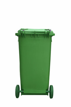 Green plastic garbage bin isolated on white background