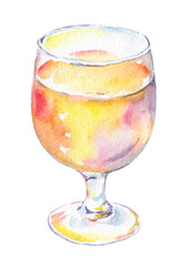 Wine glass with white or pink vine. Watercolor