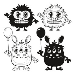 Set of Cute Different Cartoon Monsters, Black Contour and Silhouette Characters with Toy Balloon, Elements for your Design, Prints and Banners, Isolated on White Background. Vector