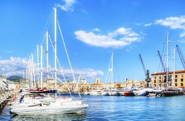Obraz na płótnie Canvas View of the port of Genoa. urban landscape, buildings typical of Liguria. HDR version.