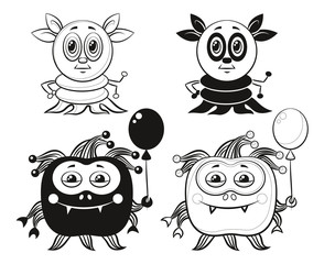 Set of Cute Different Cartoon Monsters, Black Contour and Silhouette Characters with Toy Balloon, Elements for your Design, Prints and Banners, Isolated on White Background. Vector