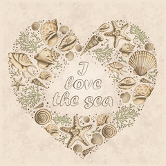 Vector vintage card with heart made of shells