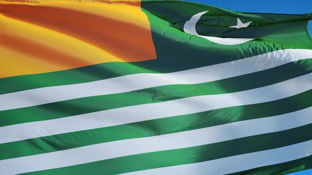 Azad Kashmir flag waving in slow motion against clean blue sky, seamlessly looped, close up, isolated on alpha channel with black and white luminance matte, perfect for film, news, digital composition
