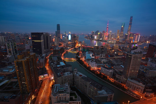 Aerial photography at Shanghai bund Skyline of night scene