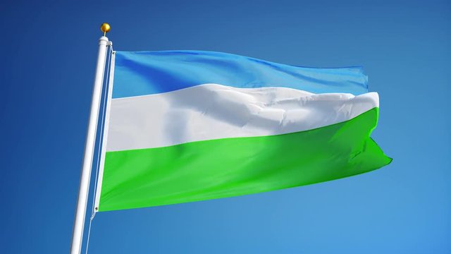 Molossia flag waving in slow motion against clean blue sky, seamlessly looped, close up, isolated on alpha channel with black and white luminance matte, perfect for film, news, digital composition