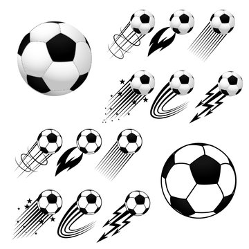 Football. Soccer. Soccer balls with different fly animations, like fire or stars, isolated on white background. Europe soccer championship. Europe football championship. Football ball. Soccer ball.