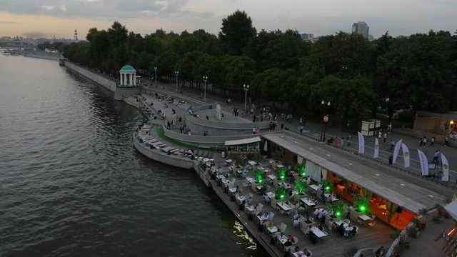 Timelapse of restaurant and bike path in Gorky Park on the banks of the Moscow River July 2015. 