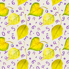 Seamless autumn background with yellow leaves and numbers