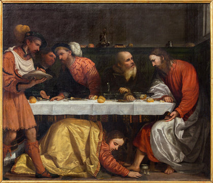 BRESCIA, ITALY - MAY 23, 2016:  The painting of The Supper in the house of simon the pharisee in church Chiesa di San Giovanni Evangelista by Girolamo Romani - Romanino (1484 - 1559).