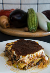Plate of homemade moussaka with various eggplants and other vegetables