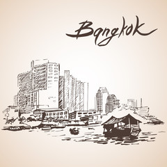Sketch of Bangkok cityscape. Thailand. Isolated on white backgro