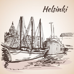 Helsinki - harbor, waterfront. Isolated on white background