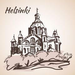 Fototapeta premium Uspenski Cathedral in Helsinki - Finland. Sketch, Isolated on wh