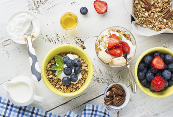 Healthy breakfast Fresh granola, muesli in bowl with milk and berries on a white background