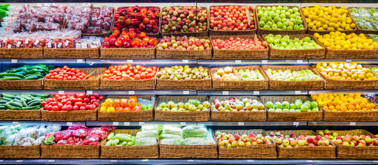 Fresh fruits and vegetables on shelf in supermarket - Powered by Adobe