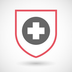 Isolated line art shield icon with a round pharmacy sign