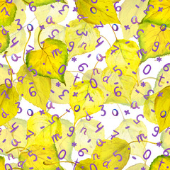 Seamless autumn background with yellow leaves and numbers