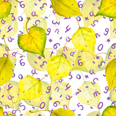 Seamless autumn background with yellow leaves and numbers