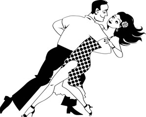 Young couple dancing salsa, EPS 8 black vector line art, no white objects