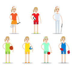 Set of sporty ladies isolated on white background. Kind of sports vector collection.