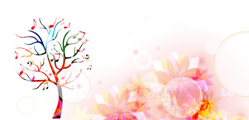 Colorful music tree with music notes and butterflies