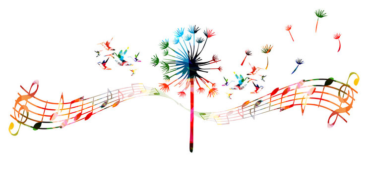 Colorful dandelion with music notes and hummingbirds