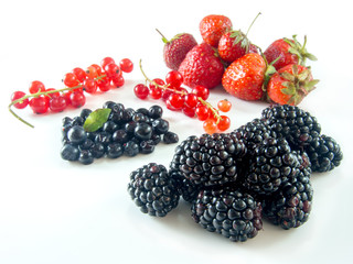 ripe various forest fruits isolated on white with copy space 