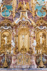 Fototapeta na wymiar Altar of St. Andreas Church in Nesselwang (Bavaria, Germany)