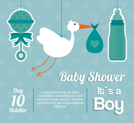 Baby Shower design. maraca, stork and bottle  icon.  Blue illust